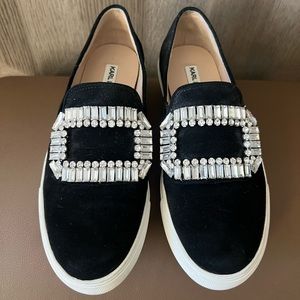 Karl Lagerfeld black suede slip up crystal sneaker. All crystals in tact.